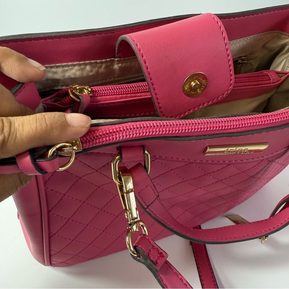 Trina Turk Fuchsia Quilted Satchel Bag with Gold Hardware - Hot Pink Crossbody - Picture 12 of 16
